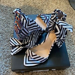 Black and white stripe chunky heel with colorful back detail